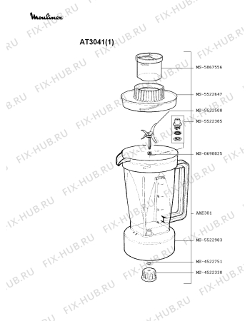 Взрыв-схема блендера (миксера) Moulinex AT3041(1) - Схема узла 3P001314.3P2