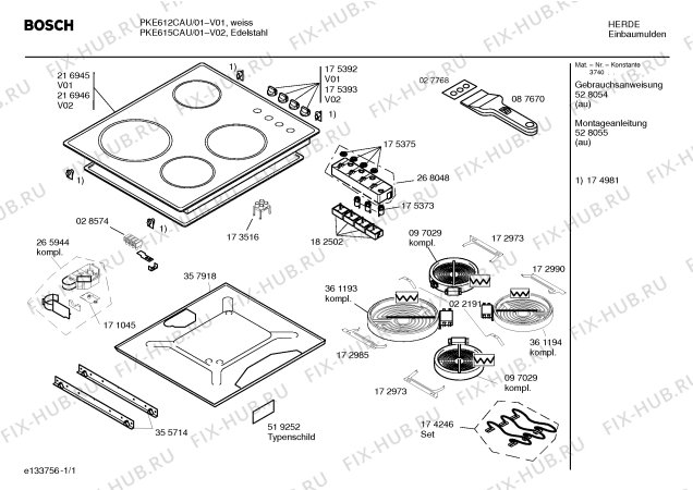 Схема №1 PKE615CAU с изображением Стеклокерамика для плиты (духовки) Bosch 00216946