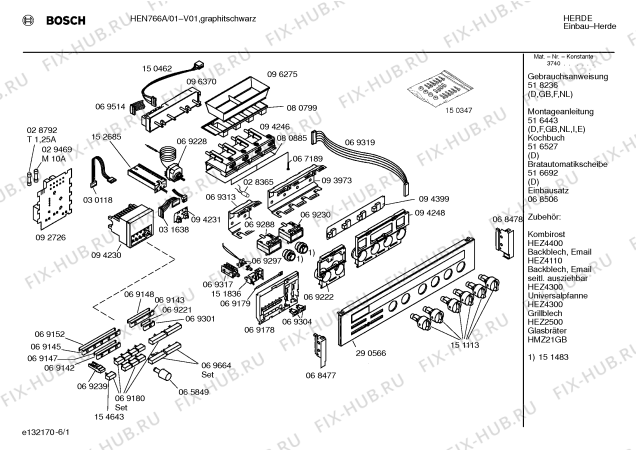 Схема №6 HEN766A с изображением Панель управления для электропечи Bosch 00290566