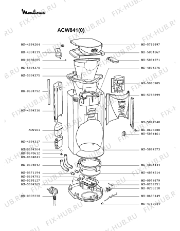 Взрыв-схема кофеварки (кофемашины) Moulinex ACW841(0) - Схема узла 9P001595.7P2