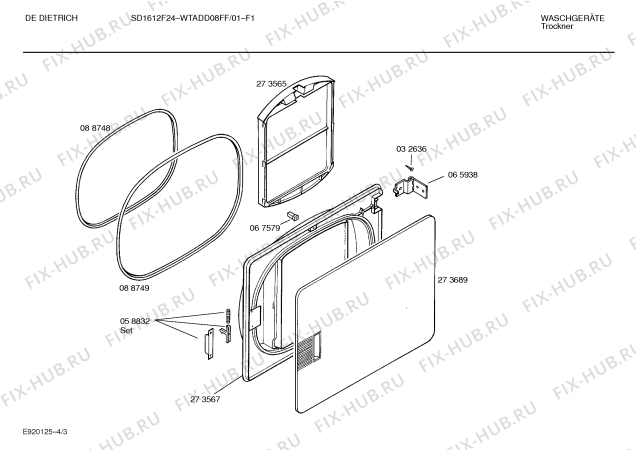 Схема №8 WTADD07FF DE DIETRICH SD1612F23 с изображением Панель для электросушки Bosch 00282752