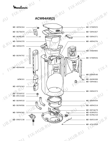 Взрыв-схема кофеварки (кофемашины) Moulinex ACW64AM(2) - Схема узла 2P001587.8P2