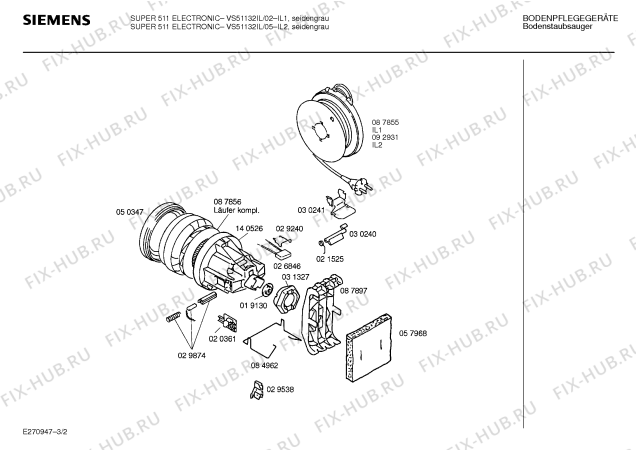 Взрыв-схема пылесоса Siemens VS51132IL SUPER 511 ELECTRONIC - Схема узла 02