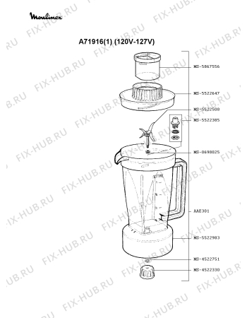 Взрыв-схема блендера (миксера) Moulinex A71916(1) - Схема узла WP001151.6P2