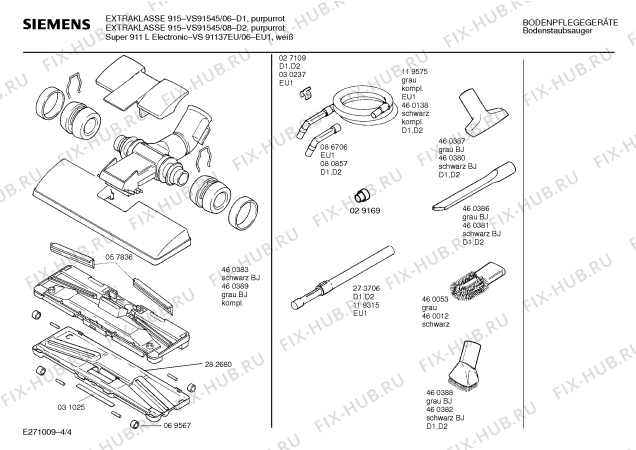 Схема №4 VS91545 EXTRAKLASSE 915 с изображением Крышка для пылесоса Siemens 00282921