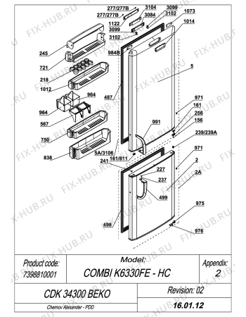 Взрыв-схема холодильника Beko CDK34300 BEKO (7398810001) - 7398810001_K6330FE_CDK 34300_DOORS